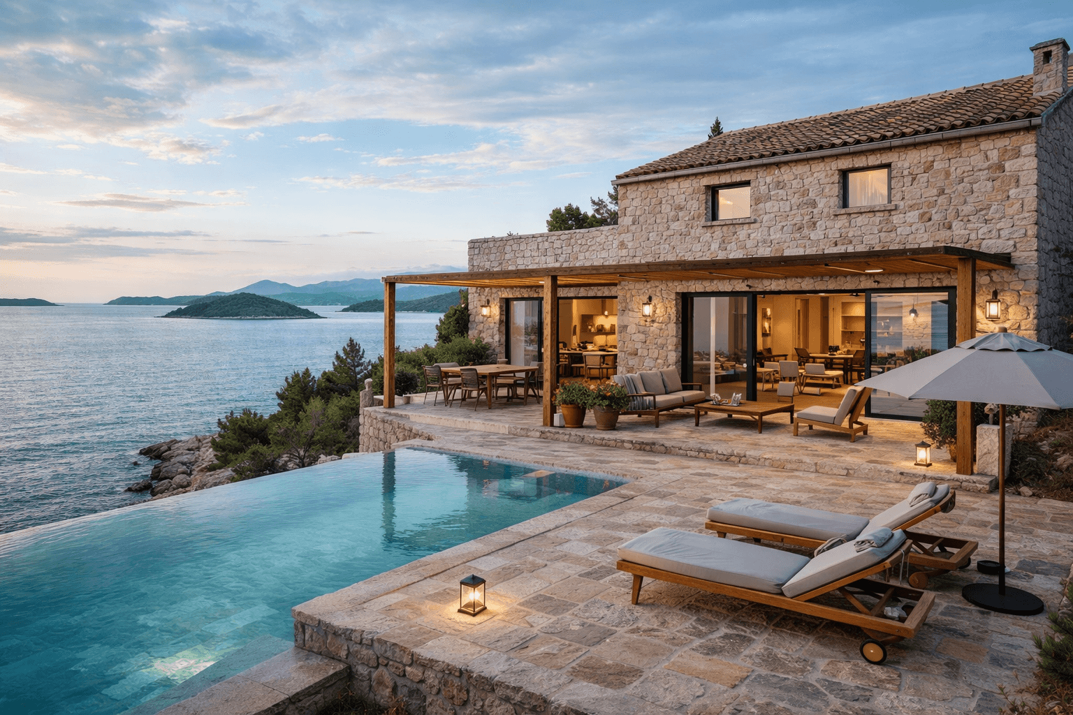 Moderna kamena kuća s bazenom uz Jadransko more u sumrak, idealna za luksuzni najam