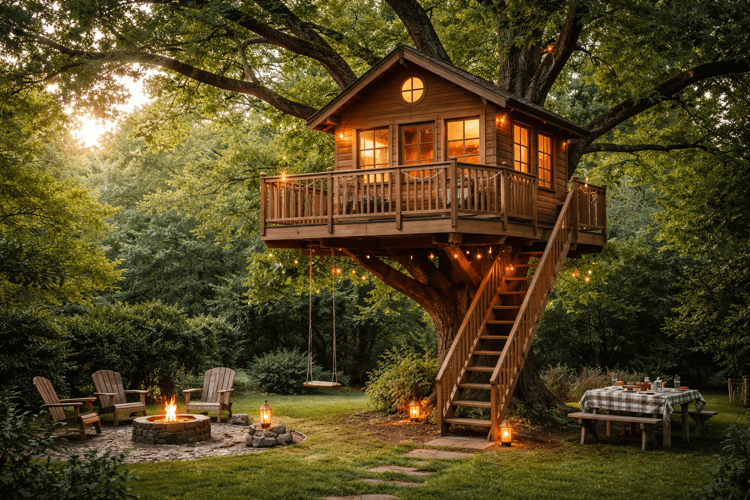 Kućica na drvetu s terasom i stepenicama u zelenom dvorištu