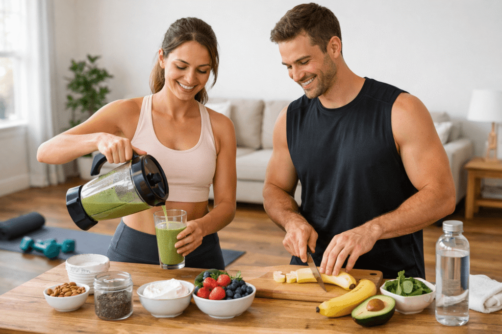 Par u sportskoj odjeći priprema smoothie u kuhinji, u pozadini yoga prostirka i lagane bučice