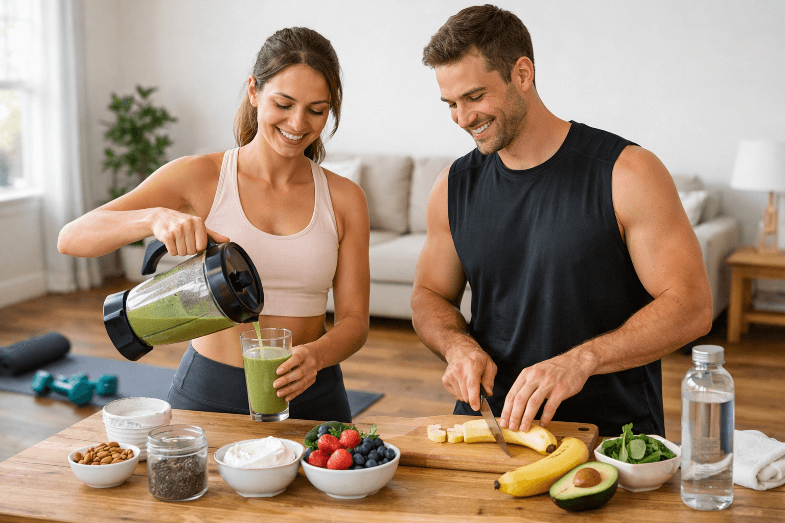 Par u sportskoj odjeći priprema smoothie u kuhinji, u pozadini yoga prostirka i lagane bučice