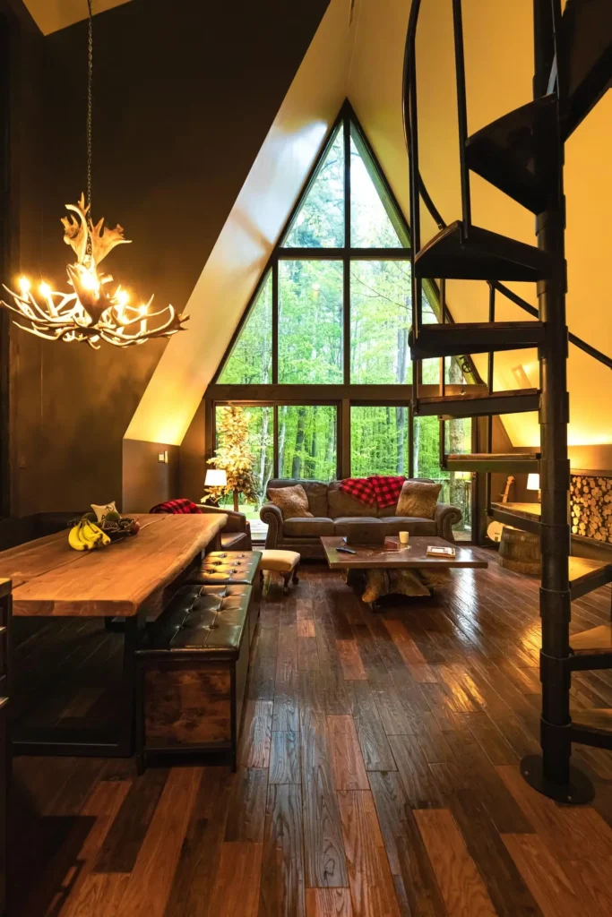 Prostran dnevni boravak A-frame kućice s velikom staklenom stijenom, drvenim stolom i spiralnim stubištem