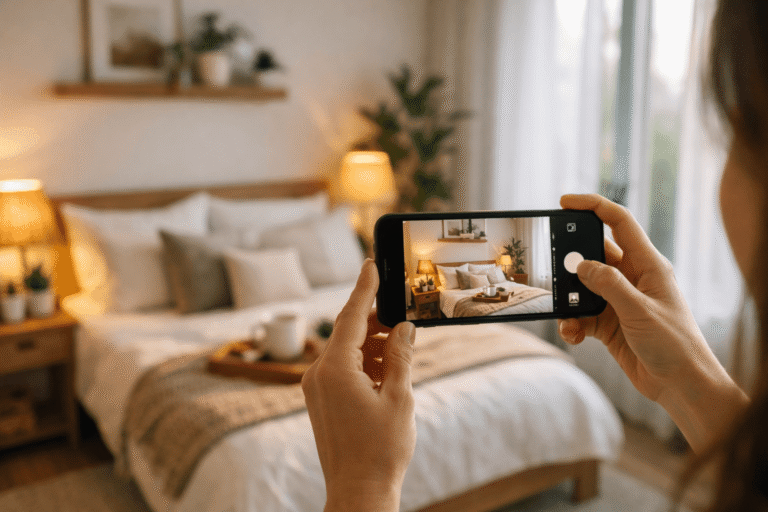 Žena fotografira uredno uređenu spavaću sobu mobitelom uz prirodno svjetlo kroz prozor
