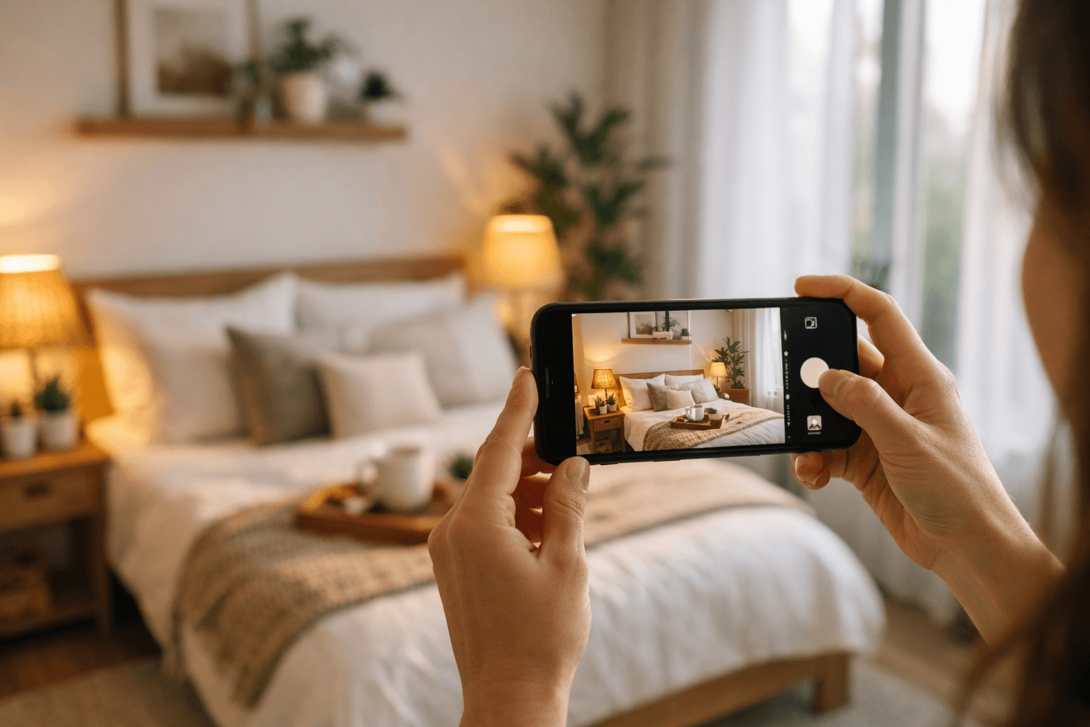 Žena fotografira uredno uređenu spavaću sobu mobitelom uz prirodno svjetlo kroz prozor