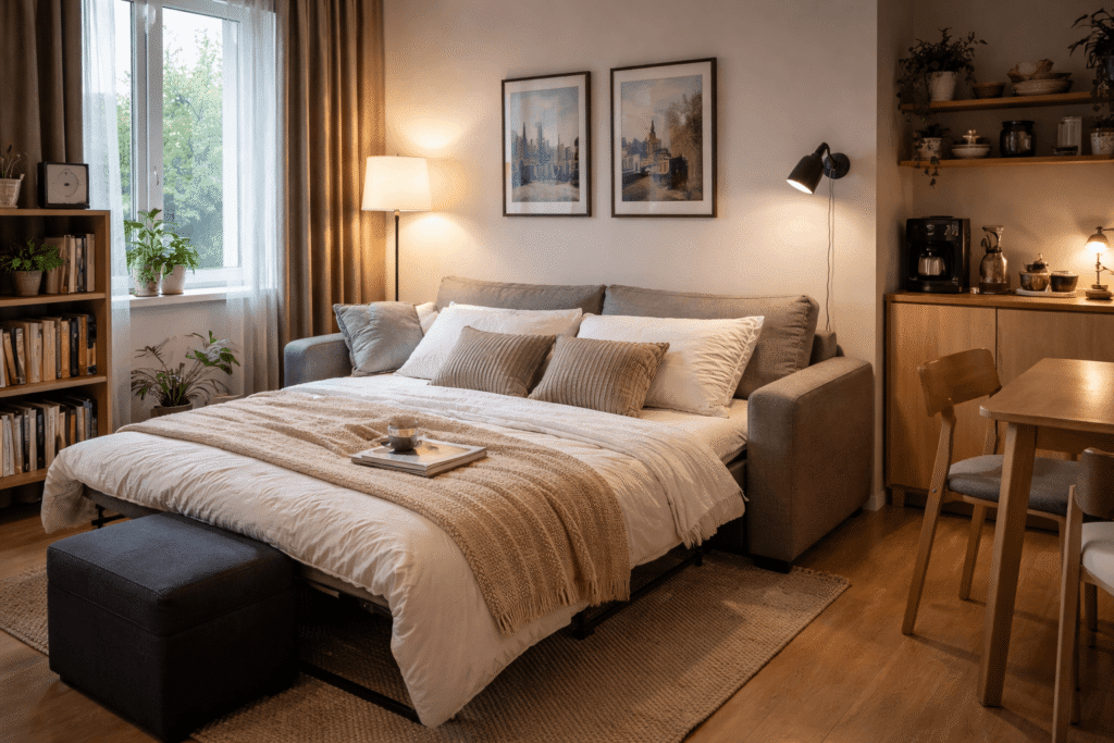 Mali dnevni boravak s razvučenim kaučem, toplo osvjetljenje i funkcionalan raspored prostora