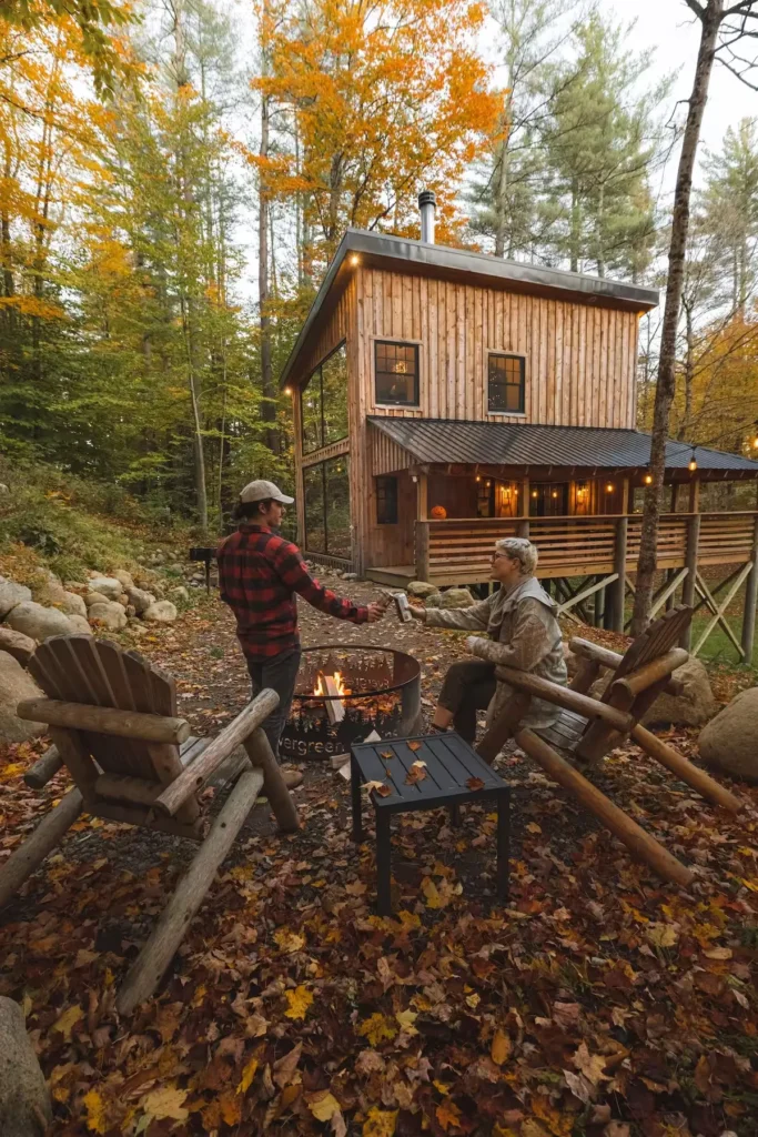 Dvoje ljudi nazdravlja pićem uz vatru ispred moderne drvene kolibe u jesenskoj šumi