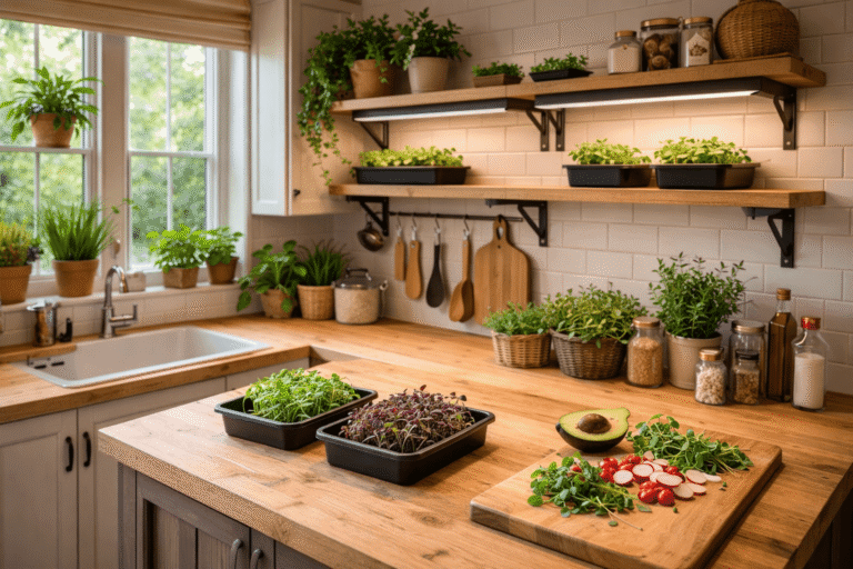 Svijetla kuhinja s mikrozelenjem na pultu i policama, uz svježe sastojke i bilje