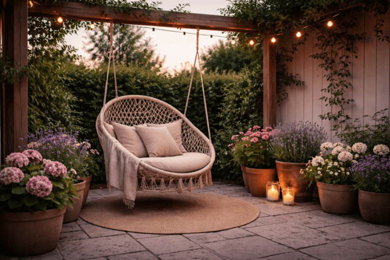 Malo dvorište s visećom stolac-ljuljačkom, cvijećem u teglama i toplom rasvjetom u sumrak