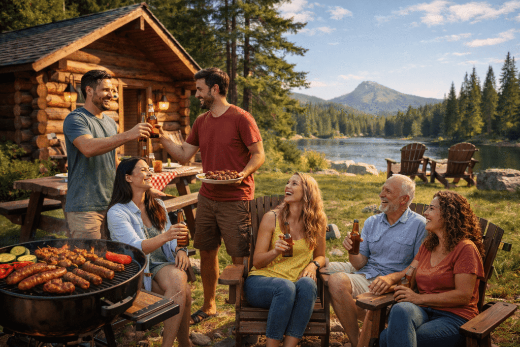 Veselo društvo uživa u roštilju pokraj drvene kućice uz jezero, okruženo šumom i planinama
