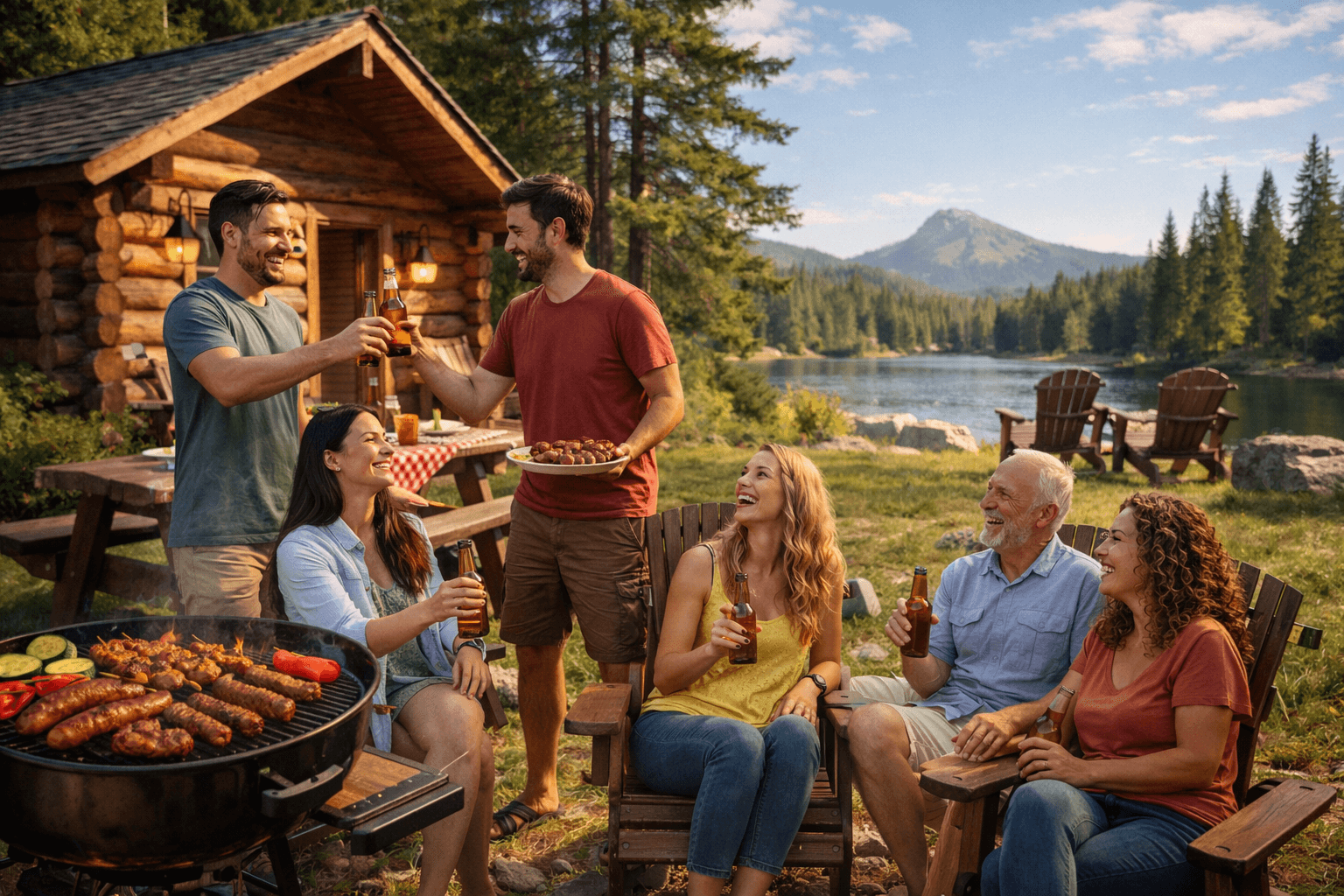 Veselo društvo uživa u roštilju pokraj drvene kućice uz jezero, okruženo šumom i planinama