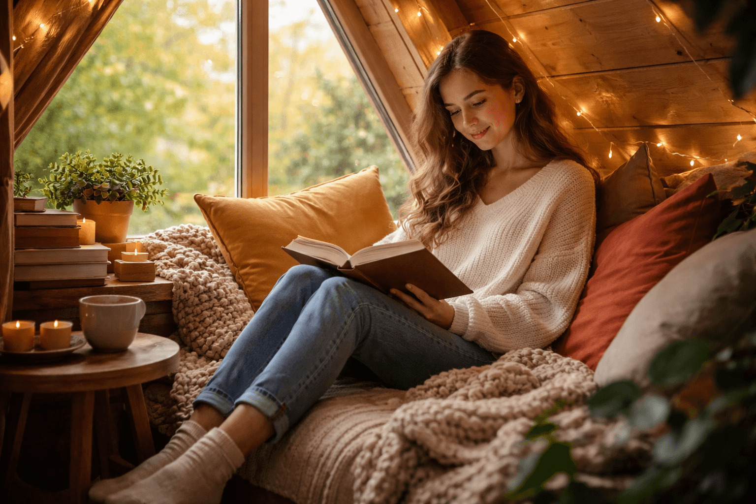 Mlada žena čita knjigu u toplom, ugodnom kutku kućice uz prozor i mekano svjetlo