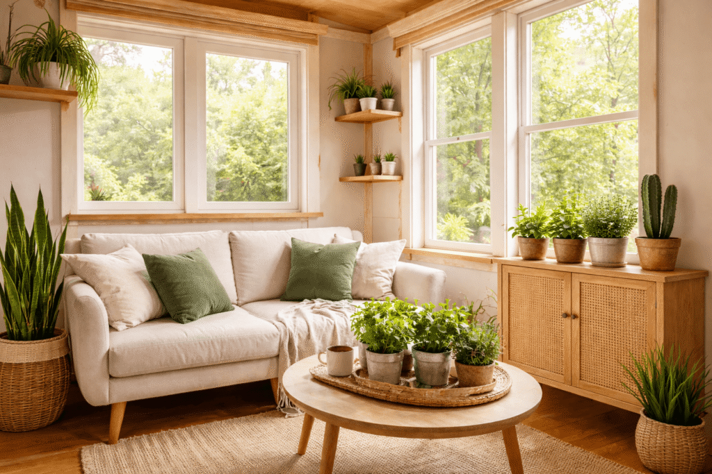 Svijetli dnevni boravak s drvenim namještajem i sobnim biljkama poput sukulenata, kaktusa i začina u teglicama
