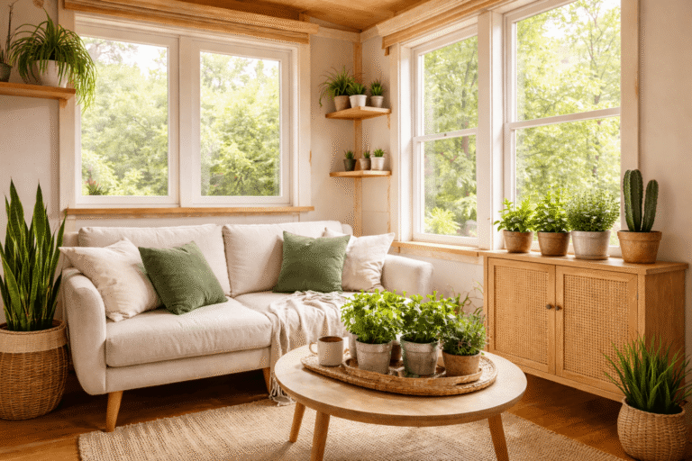 Svijetli dnevni boravak s drvenim namještajem i sobnim biljkama poput sukulenata, kaktusa i začina u teglicama