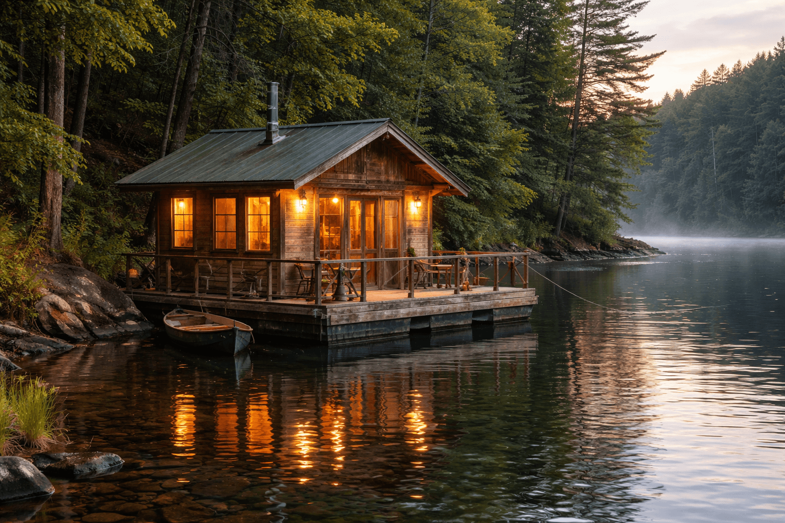 Drvena kućica na vodi uz obalu rijeke, toplo osvijetljena, okružena šumom i mirnom površinom vode