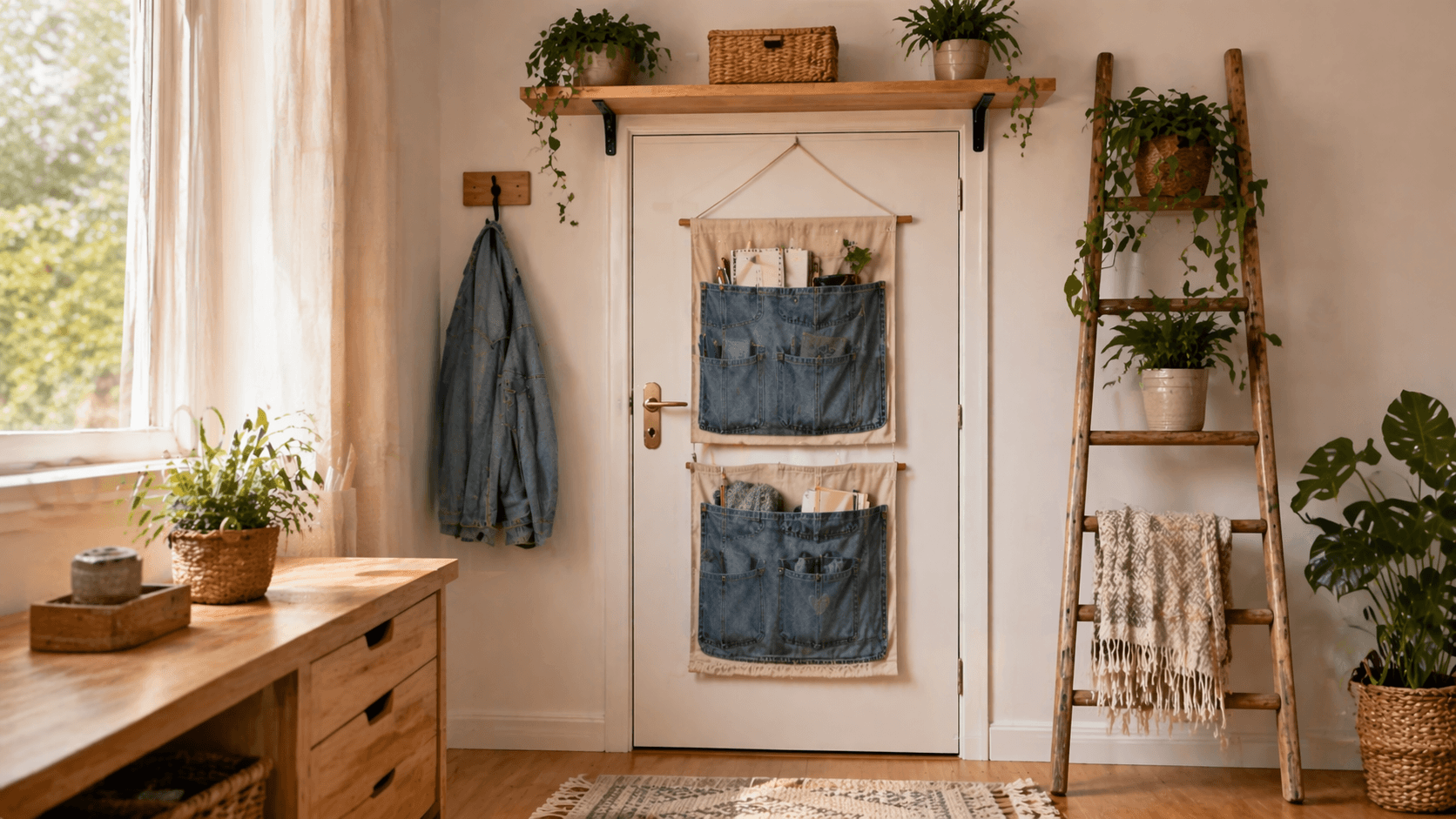 Mali uredan kutak s traper organizatorima na vratima, policom iznad i ljestvama s biljkama