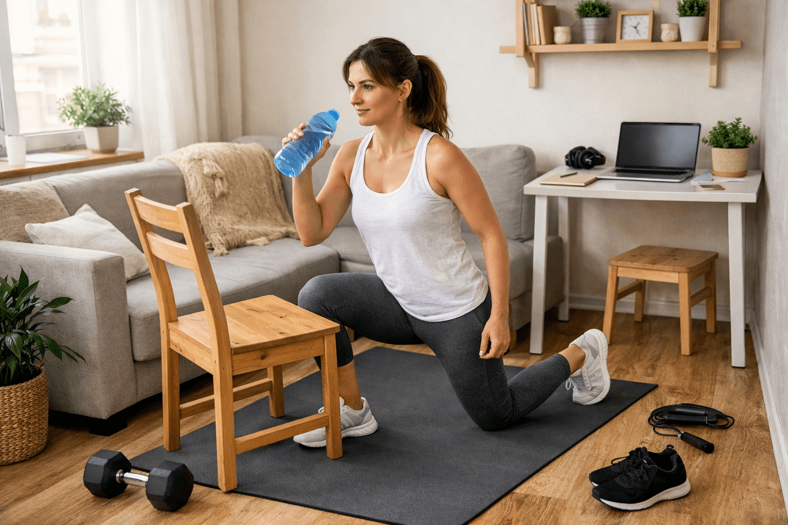 Žena vježba u malom dnevnom boravku, koristi bocu kao uteg i stolicu kao rekvizit