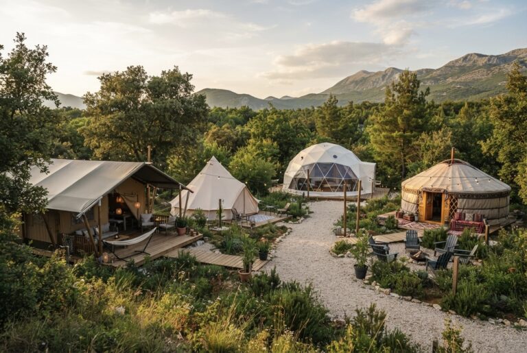 Glamping kamp sa safari šatorom, bell tentom, geodetskom kupolom i jurtom
