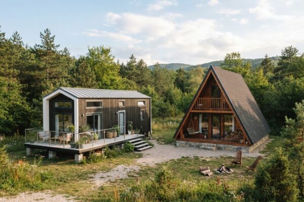 Moderna mobilna kućica i drvena A-frame kućica smještene jedna pored druge u šumskom krajoliku