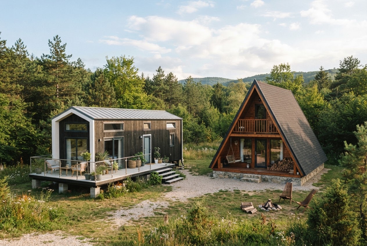 Moderna mobilna kućica i drvena A-frame kućica smještene jedna pored druge u šumskom krajoliku