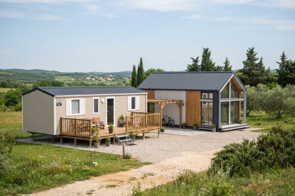 Moderna mobilna kućica i kućica od lagane čelične konstrukcije smještene jedna pored druge u prirodi