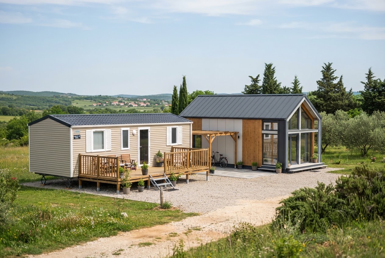 Moderna mobilna kućica i kućica od lagane čelične konstrukcije smještene jedna pored druge u prirodi