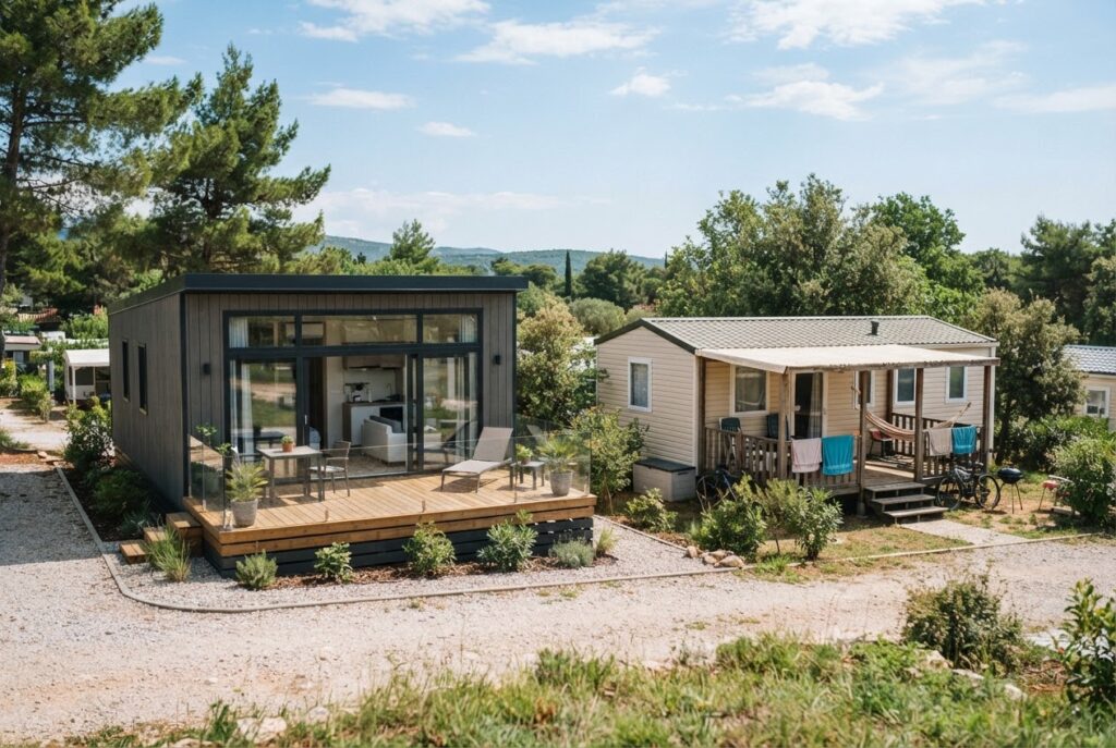 Nova i rabljena mobilna kućica jedna pokraj druge u sunčanom kampu