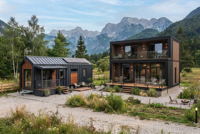 Mobilna i modularna kućica na kat kraj planina