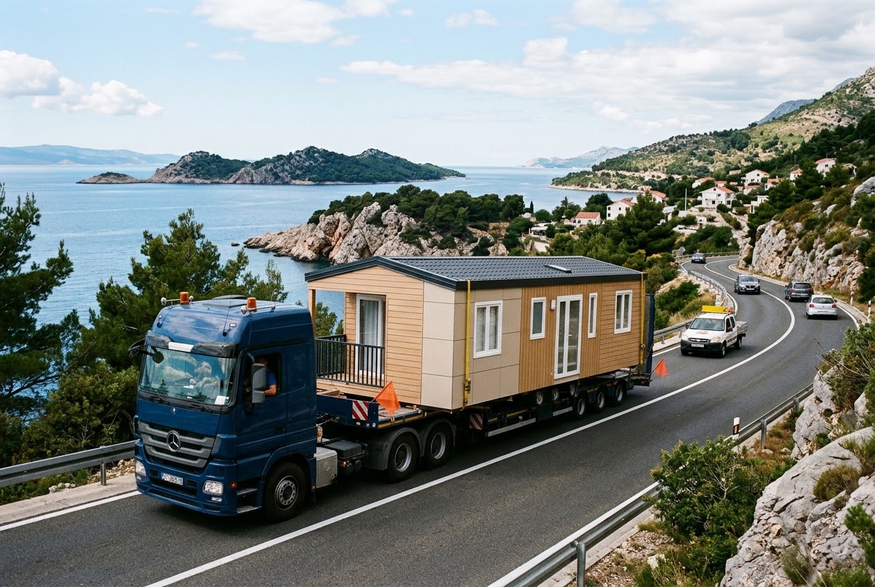 Transport mobilne kućice kamionom uz obalu